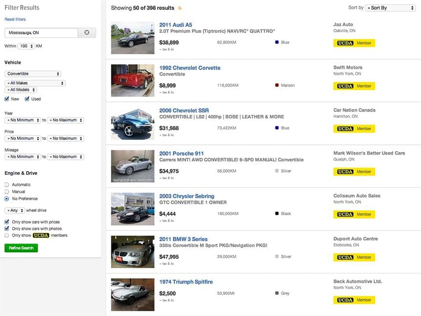 Used Car search results screenshot